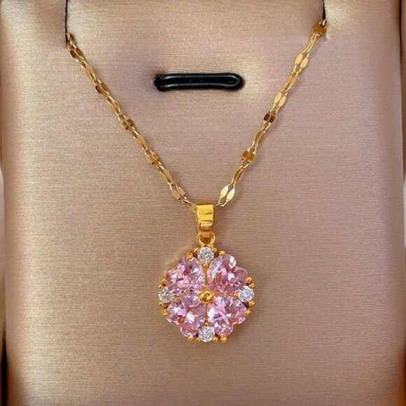 18k Gold Plated Stainless Steel Necklace, Simulated Diamond Clover, Pink - Picture 1 of 8